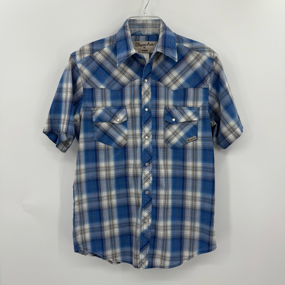 Wrangler Blue Plaid Men's Wrancher Short Sleeve Shirt With Pearl Snaps